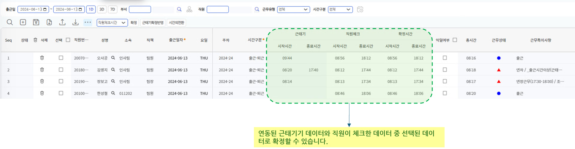 출퇴근확정(Timesheet) 화면 — 근태기·직원체크·확정시간 비교