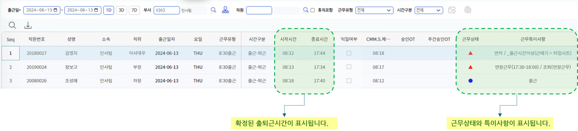 출근현황 화면