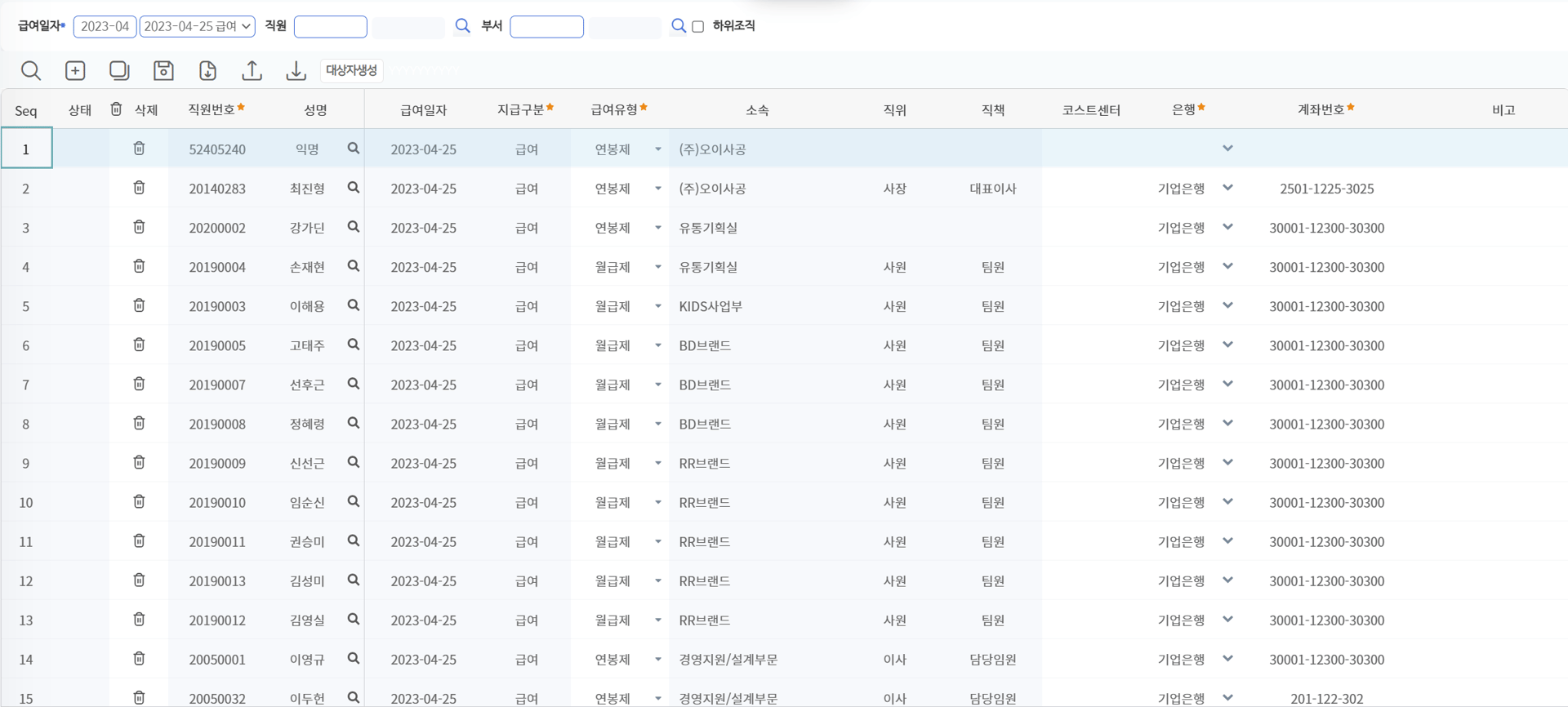 급여대상자 목록 — 직원·급여일자·지급구분·급여유형과 소속·직위·코스트센터, 은행·계좌번호