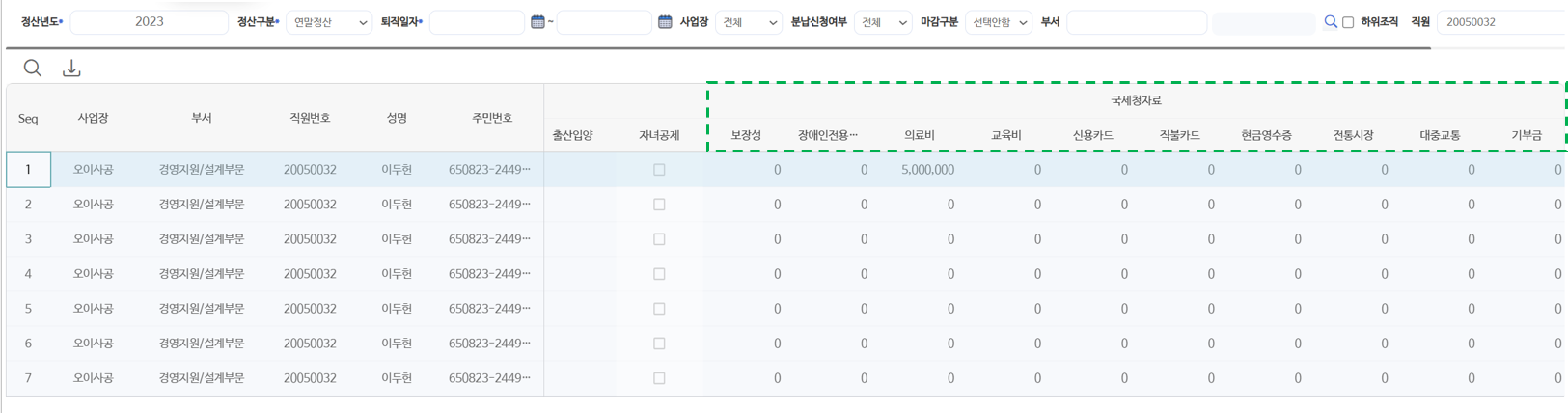 공제현황 — 국세청 자료로 수집된 공제항목별 금액
