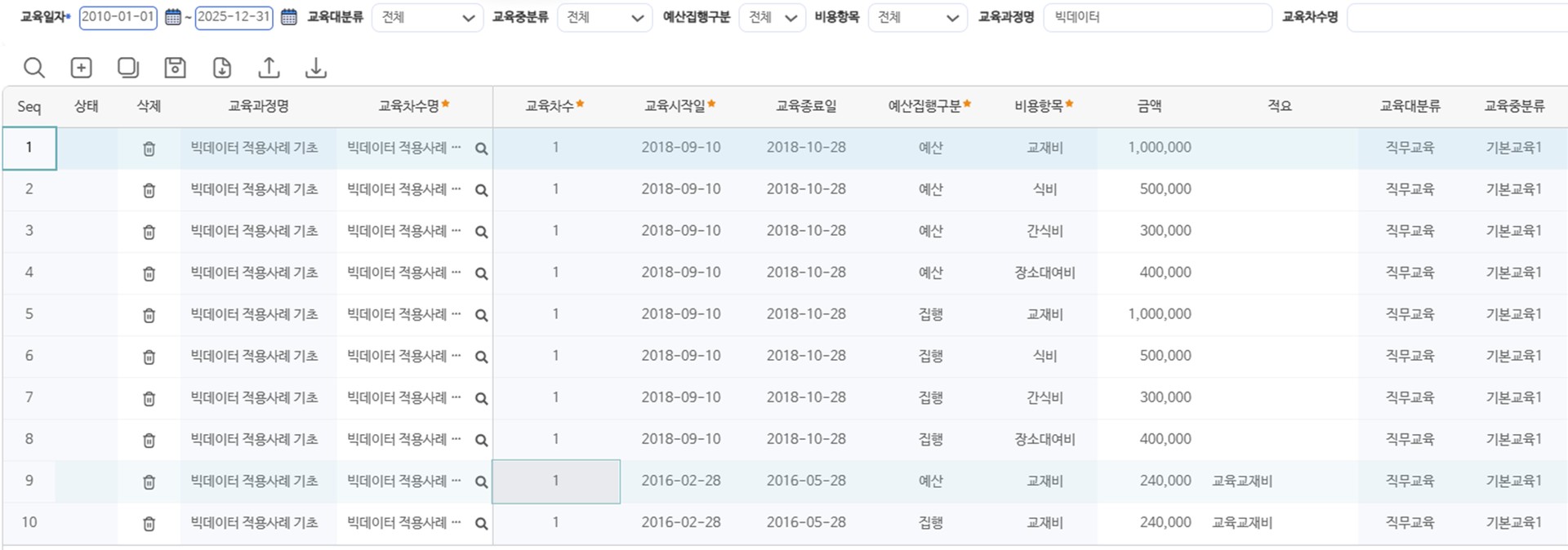 교육비용관리 화면