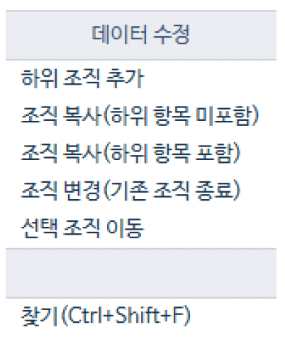 우클릭 메뉴 — 하위 조직 추가, 조직 복사(하위 포함/미포함), 조직 변경(기존 조직 종료), 선택 조직 이동, 찾기