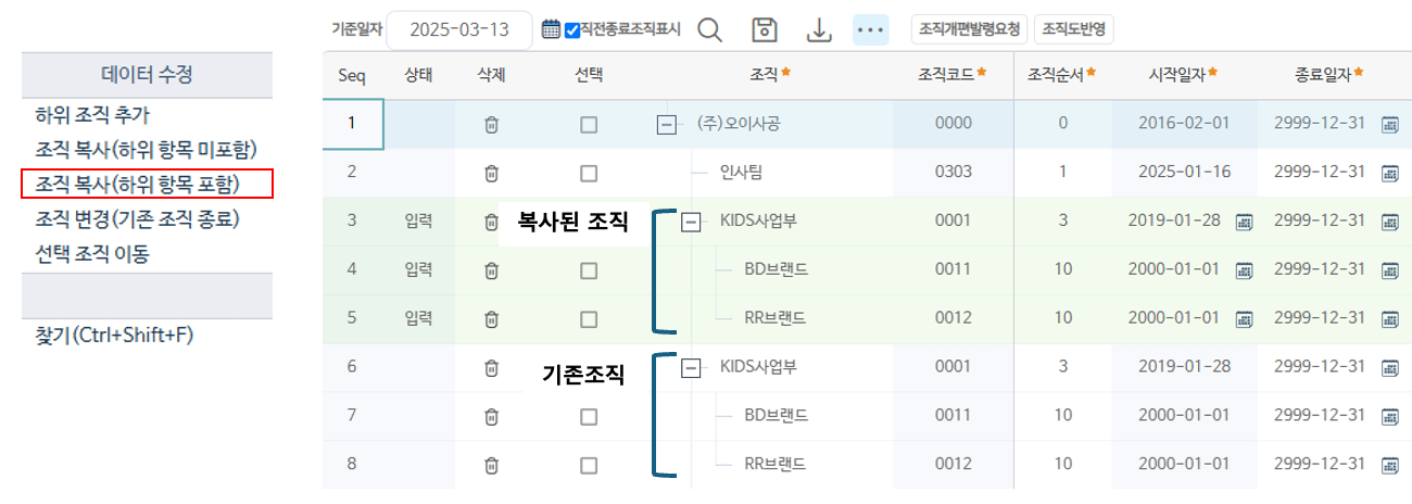 조직 복사(하위 항목 포함) — 선택 조직과 하위 조직이 함께 복사되어 기존 조직과 나란히 표시됩니다