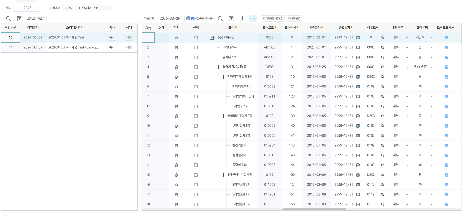 작업본 조직 트리 — 기준일자·직전종료조직표시와 조직개편발령요청·조직도반영 단추, 조직코드·순서·적용기간