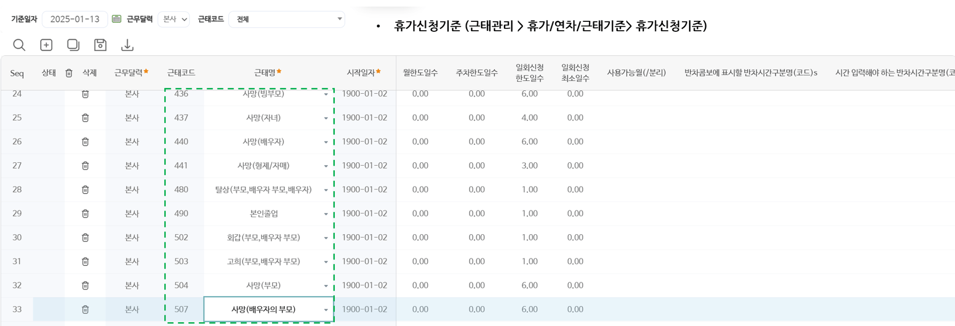 ③ 휴가신청기준에는 같은 코드별로 일회신청 한도일수 등 신청 규칙을 정합니다
