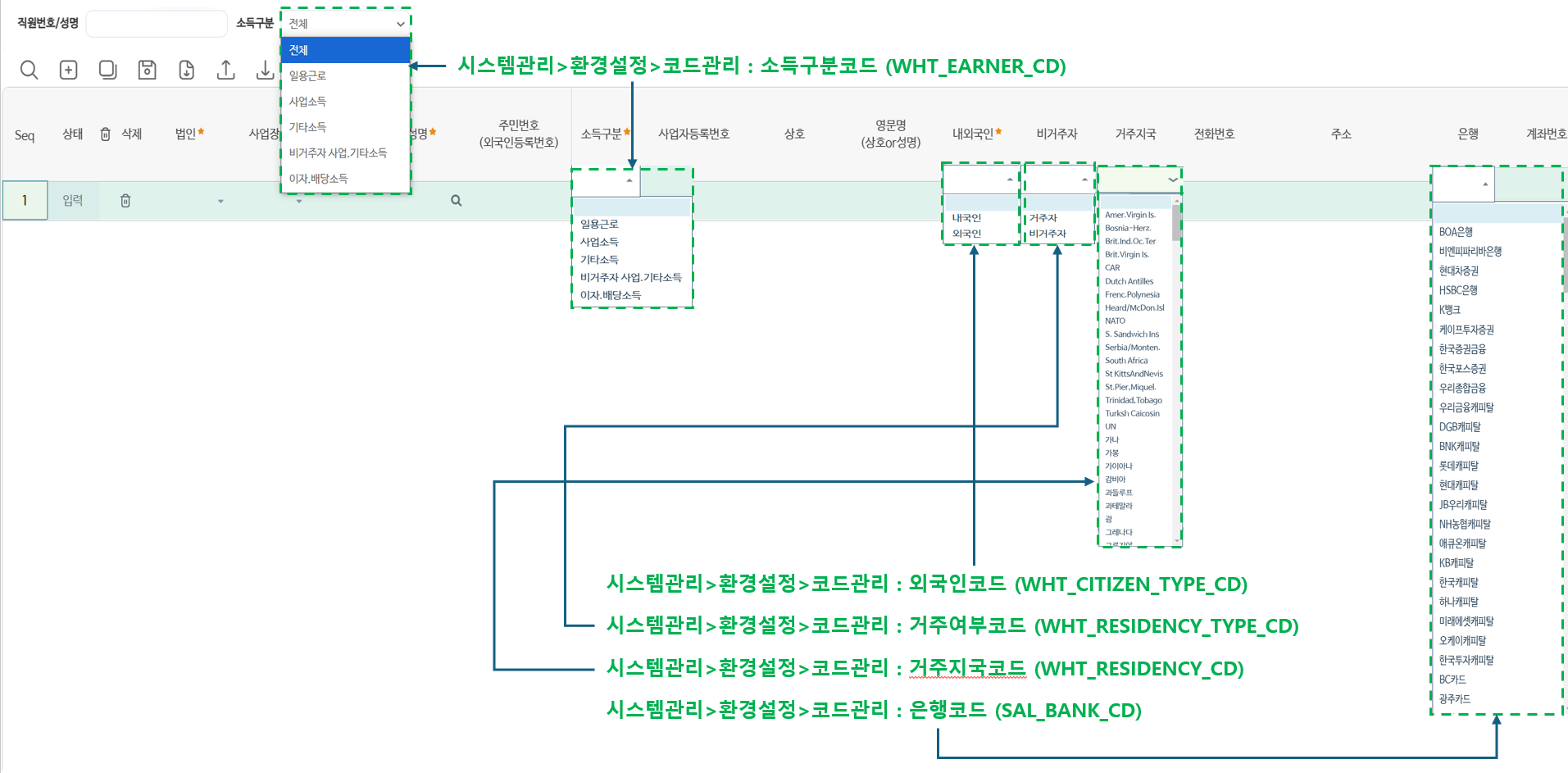 사업자등록 화면 앞부분 — 소득구분·내외국인·거주여부·거주지국·은행 선택지는 각각 코드관리에서 관리합니다