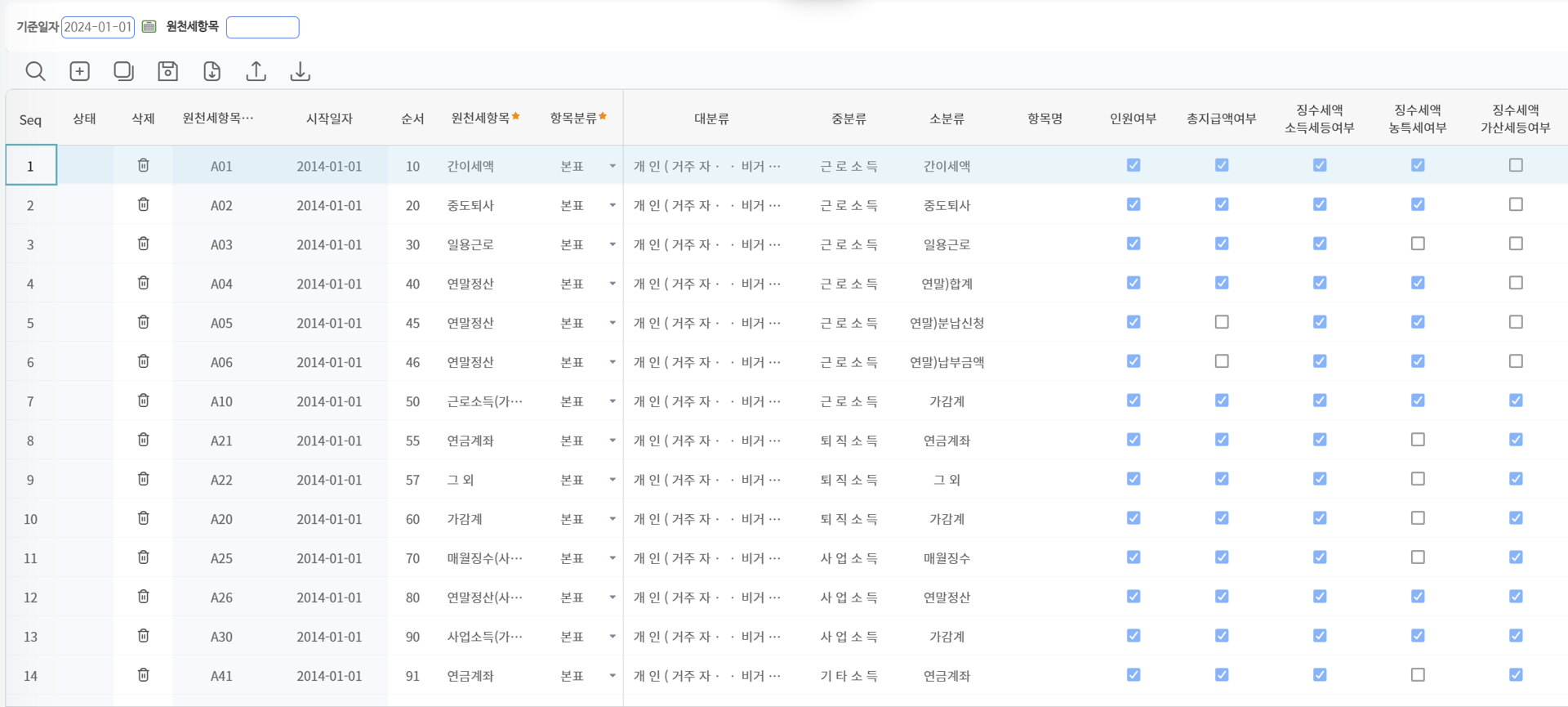 원천세 > 항목관리